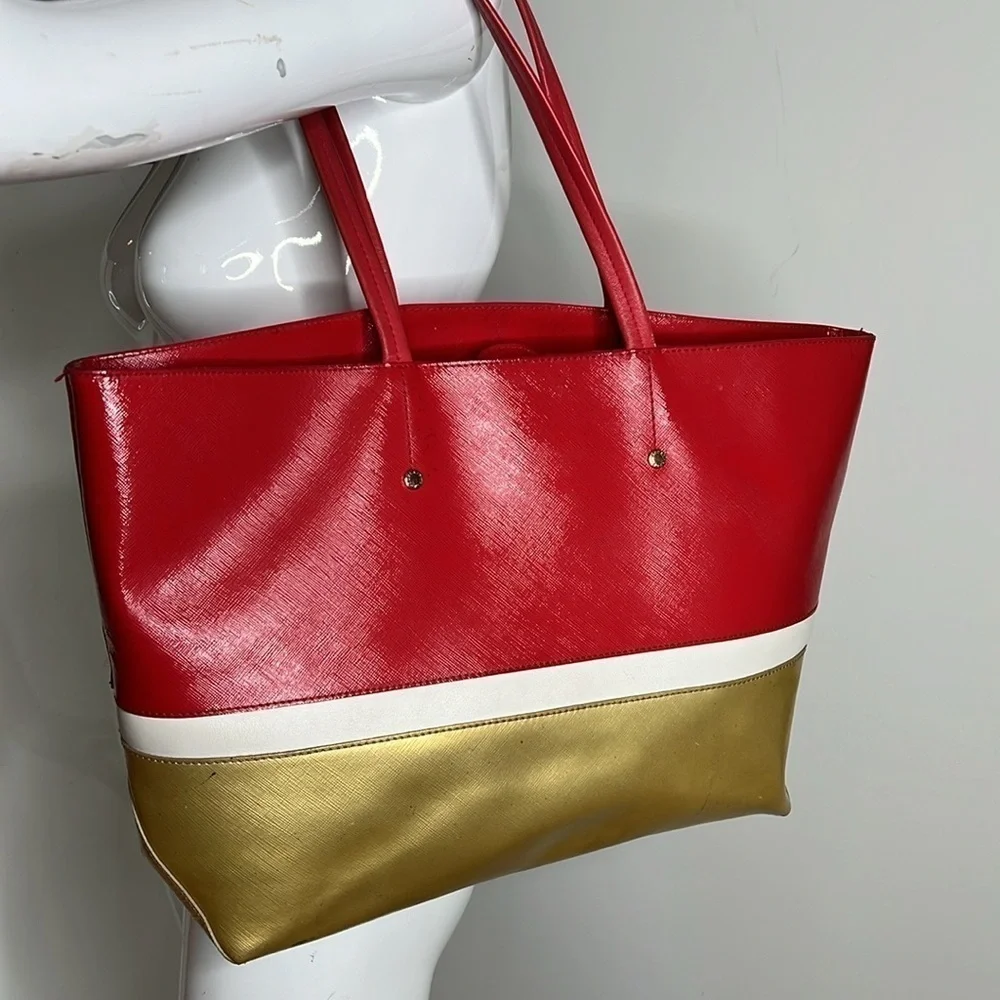 Furla Melissa Leather Tote Shoulder Bag Red White Gold